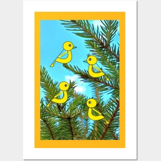 Yellow birds on the fur-tree Posters and Art